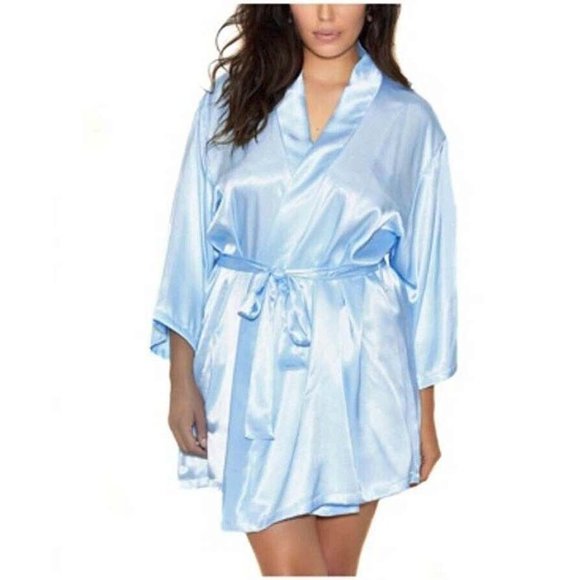 Satin Robe with Matching Sash Belt Womens L/XL Light Blue Sleepwear - Picture 6 of 7